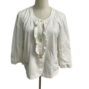 Talbots Petites White Ruffle Front Button Up Jacket Cotton‎ Blend 3/4 Sleeve